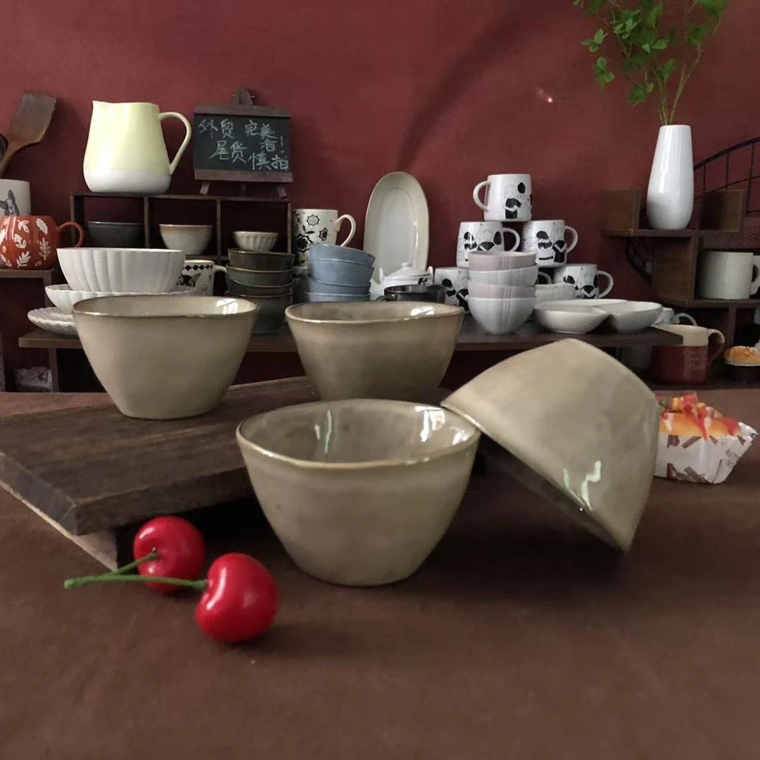 219陶瓷碗4.3英寸复古窑变黄米饭碗家用4只装微瑕