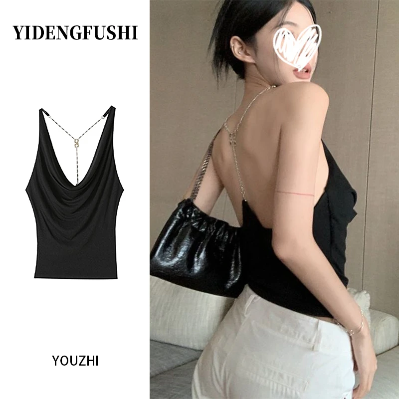 YIDENG纯欲辣妹黑色荡领设计感吊带背心女内搭外穿修身短款上衣潮