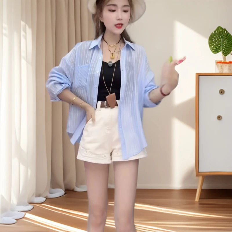 小个子 主播同款夏季条纹防晒翻领薄款通勤风衬衫上衣