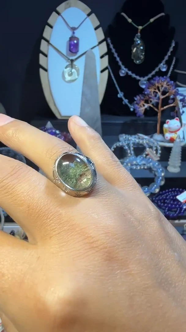 银S925镶嵌戒指水晶天然绿幽灵水晶戒指