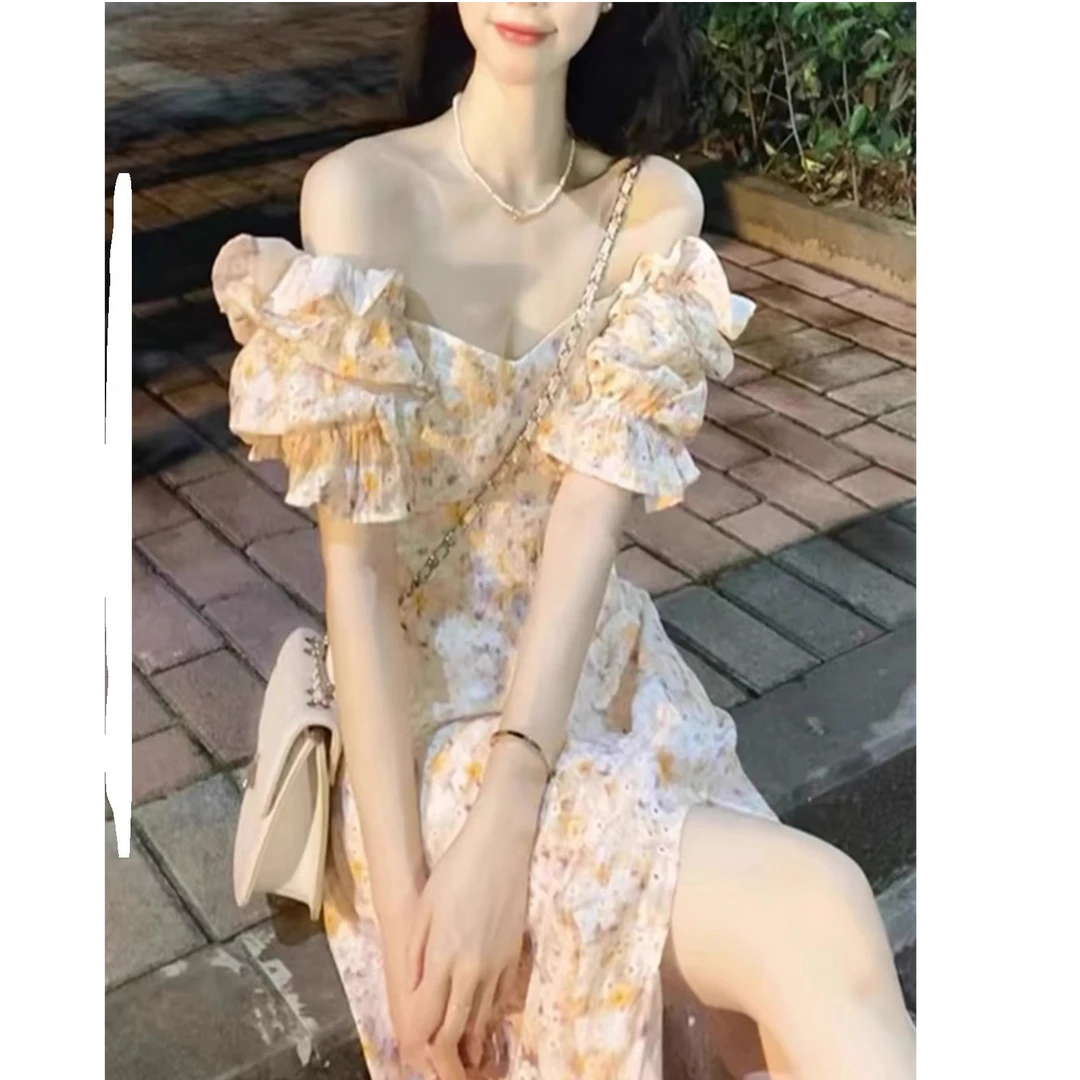 【现货】2025夏季新款小香风连衣裙高端精致绝美黄色碎花一字领长裙