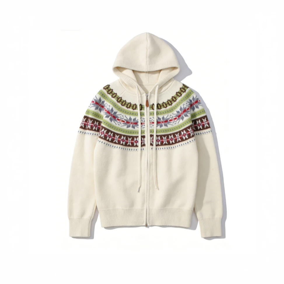 YANXUAN  2025冬季新款女连帽拼色长袖韩系百搭显瘦米白针织 7839