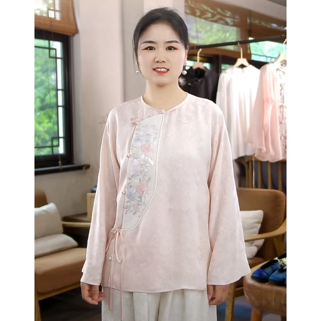 什颐新中式 【苏州非遗织造四经绞罗】花影圆领斜襟刺绣长袖上衣
