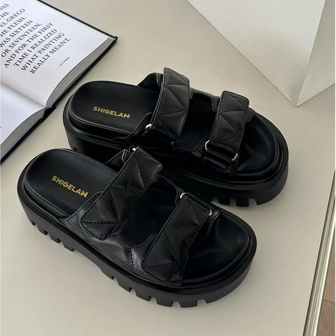 诗歌兰女鞋夏季真皮厚底休闲拖鞋时尚百搭魔术贴一字沙滩拖011-8