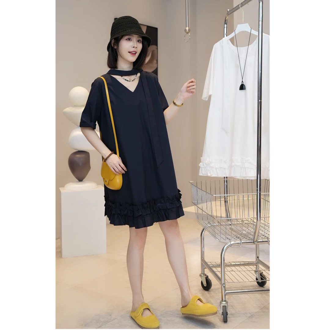 现现【YUE YUE】大码宽松连衣裙定制夏季藏青色洋气木耳边裙D448