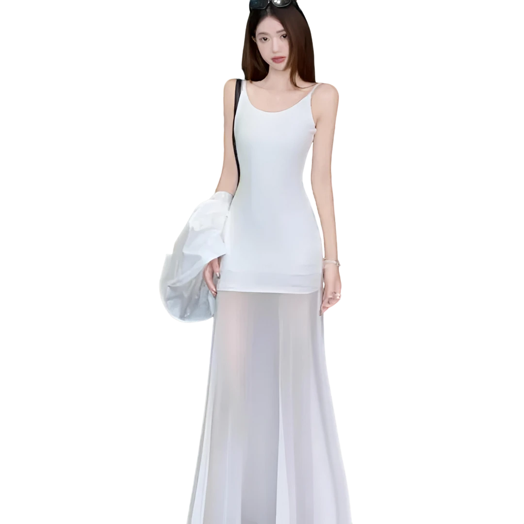 吊带长裙春夏拼接极简风连衣裙裙子吊带裙白色时尚