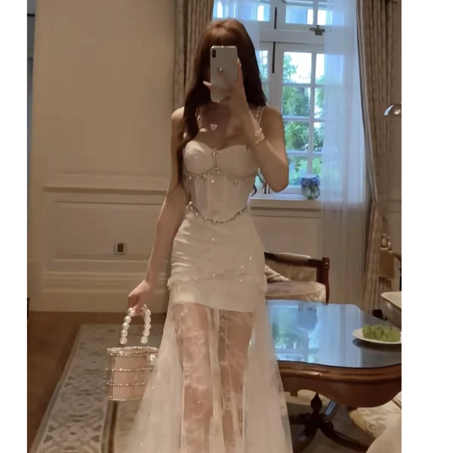 2025新款“人鱼公主”法式复古高级感蕾丝珍珠鱼骨上衣网纱长裙套装