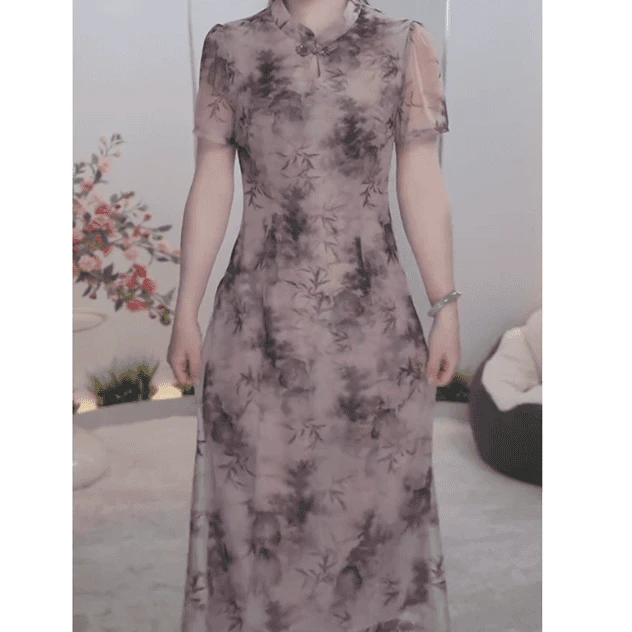 2025夏季大码40-60岁国风印花气质妈妈装收腰显瘦优雅高贵连衣裙