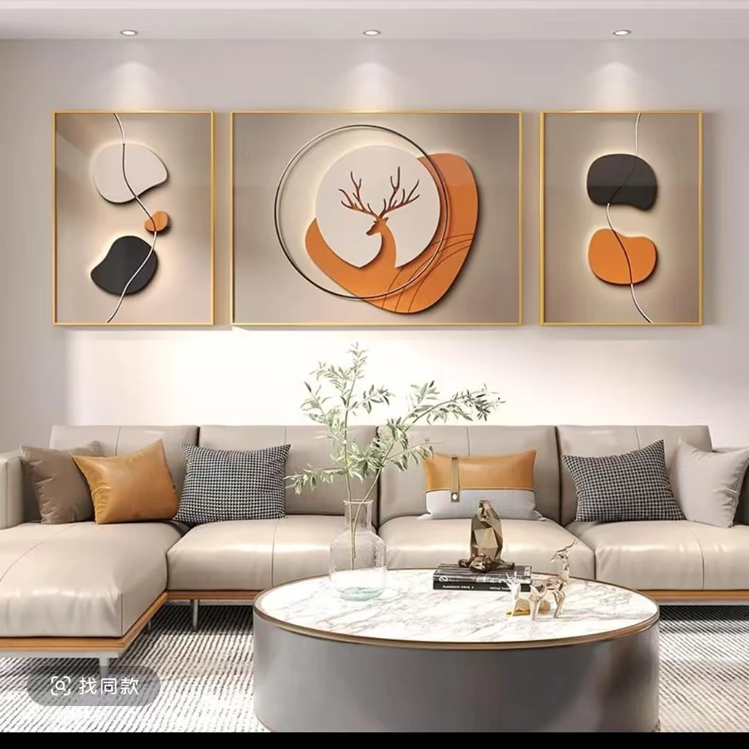 F-0017新中式客厅装饰画三联画轻奢沙发背景墙麋鹿挂画办公室壁画