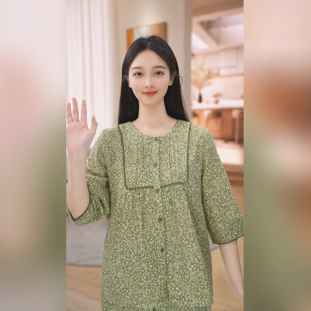 秋鹿【绿野仙踪】双层纱小碎花睡衣春秋女7分长袖长裤家居服套装