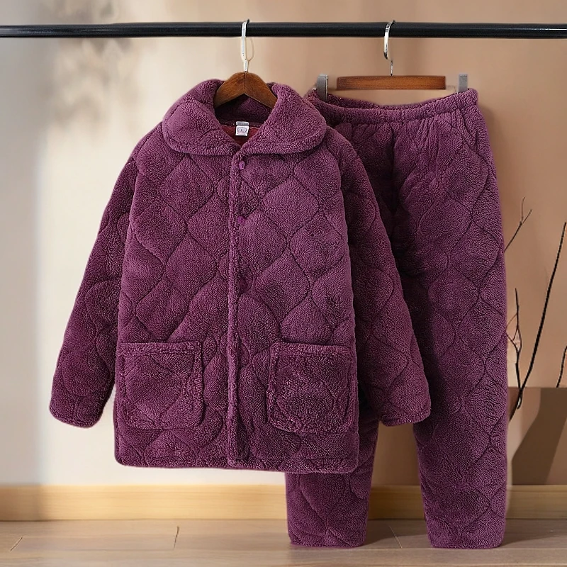 秋冬天加绒厚款老人保暖中老年人睡衣加厚女套装家居服女士妈妈装