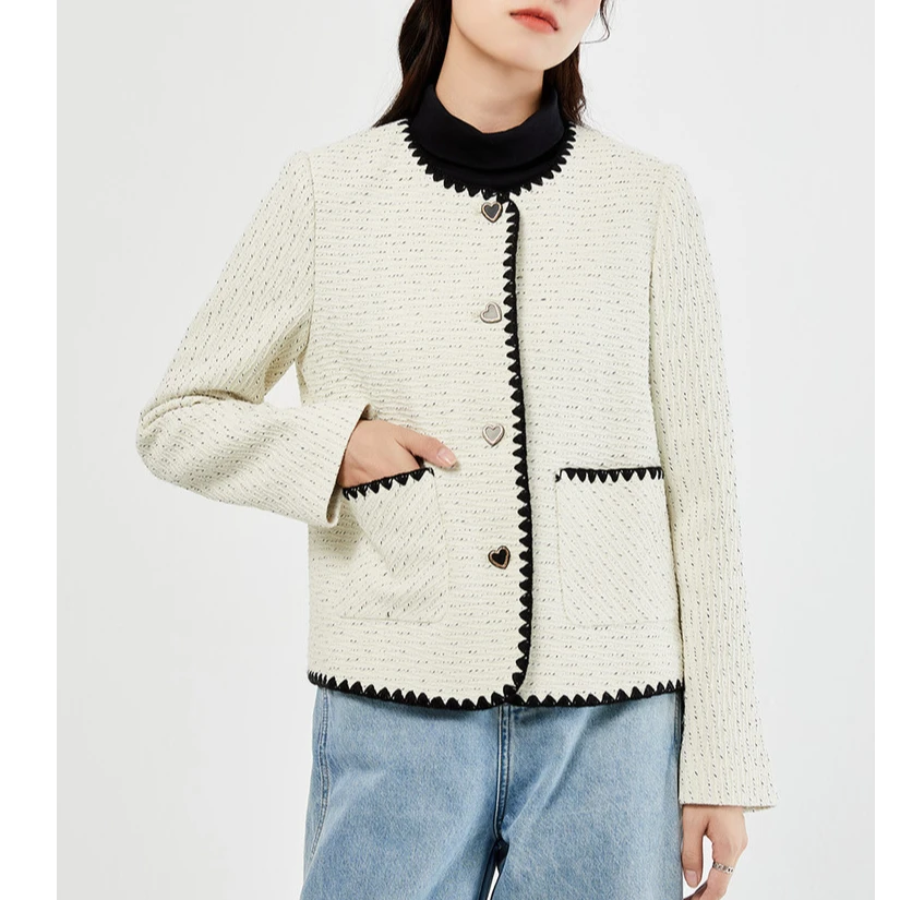 短外套长袖休闲复古法式毛呢圆领秋季粗花呢香风外套小香风#0Fv