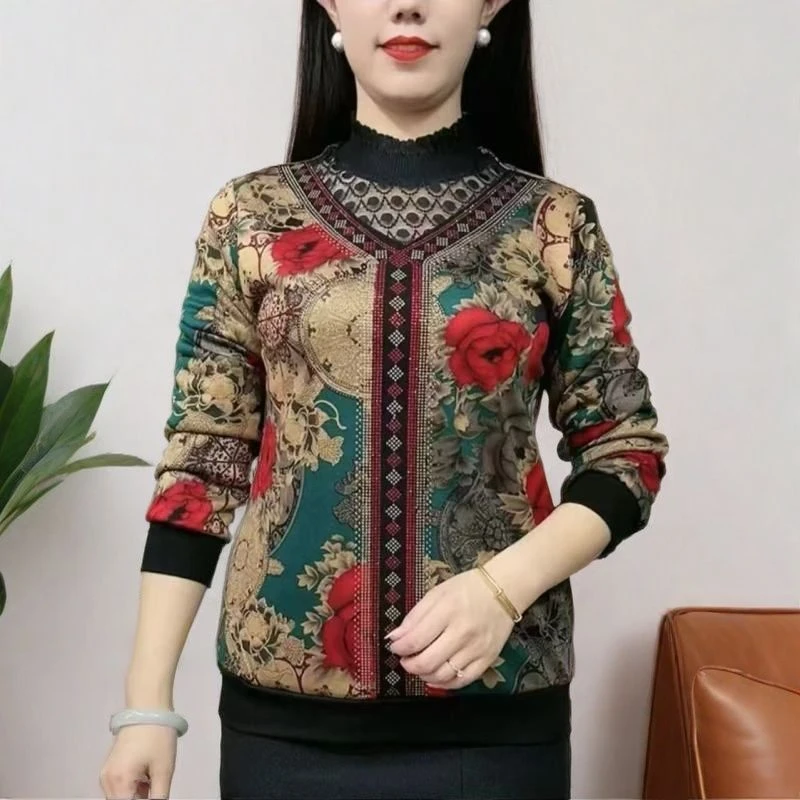针织打底衫女春秋大码宽松印花遮肚子洋气妈妈中年女装上衣长袖女
