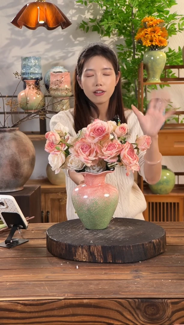 【绿脂凝春-小号花瓣瓶】油绿色无孔陶瓷花瓶干花鲜花客厅插花摆件