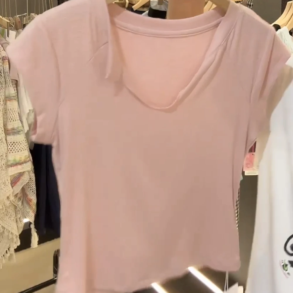 气质V领冰丝短袖t恤女夏季2025新款翻领设计感修身洋气上衣C5347