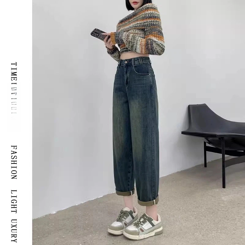 怀旧蓝牛仔裤女春秋2025新款爆款复古哈伦裤高腰宽松显瘦老爹裤子