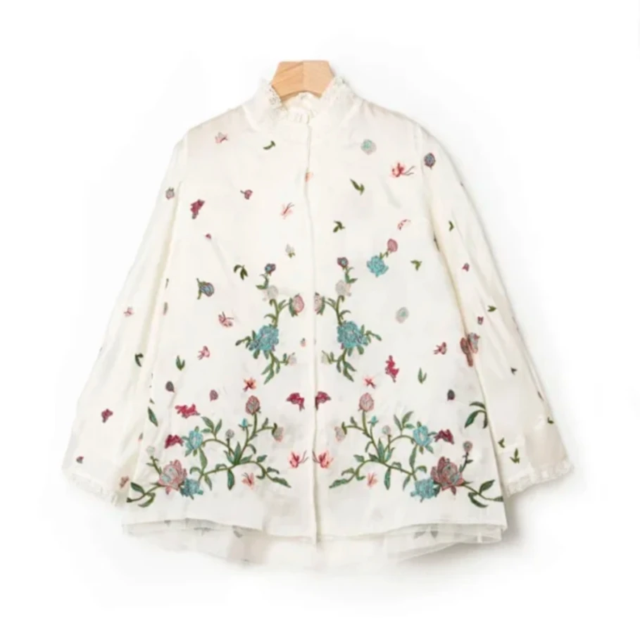 【维姐精选】蕾丝刺绣立领花边上衣WT2448