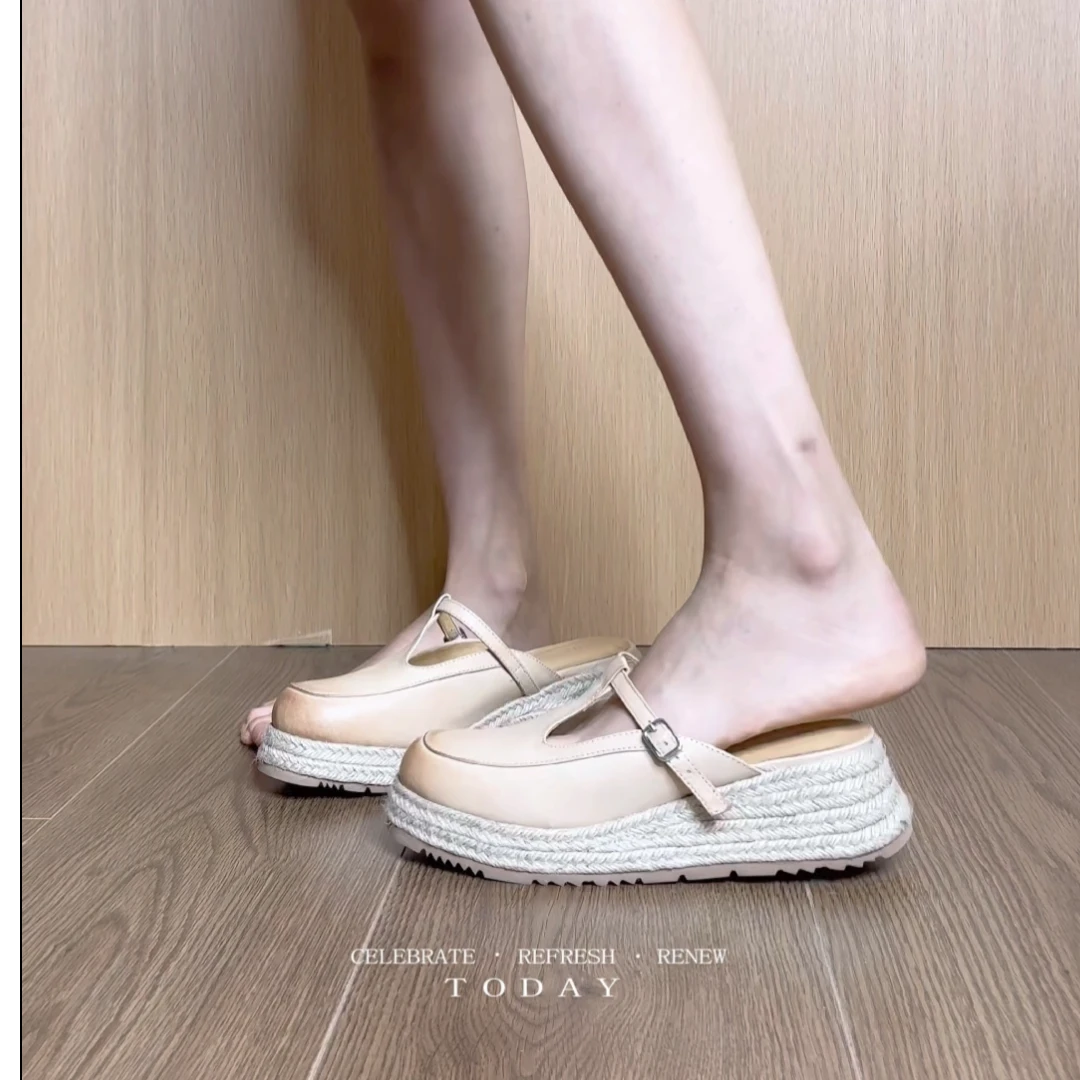 1389-2真皮夏季厚底包头拖鞋子女2025新款爆款时尚气质外穿穆勒鞋