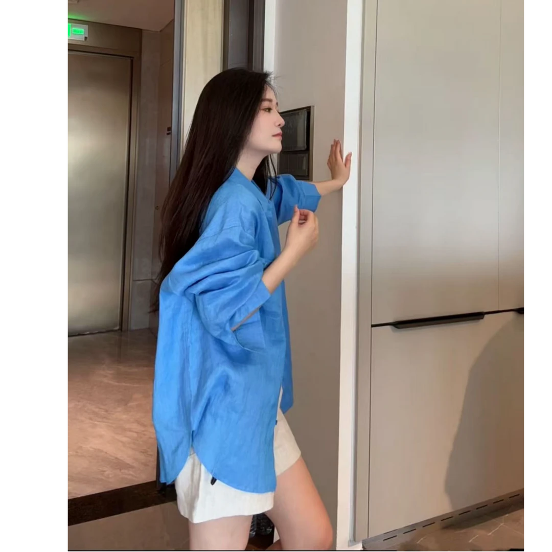 休闲潮流百搭麻麻纯色衬衣#0853