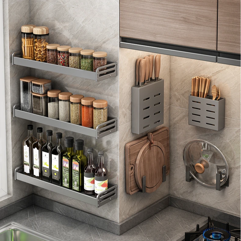 优勤枪灰厨房置物架免打孔壁挂式刀架调味品大全家用多功能收纳架