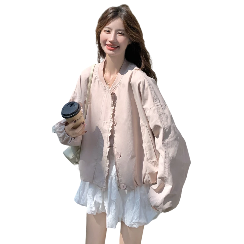 减龄休闲粉色甜美棒球服外套女2025秋季新款小个子木耳边夹克上衣