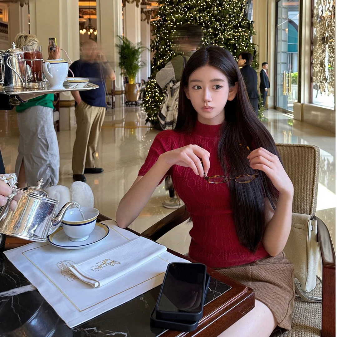 Riseaauu 【清仓！】老钱红色短袖针织衫女  Q41247109