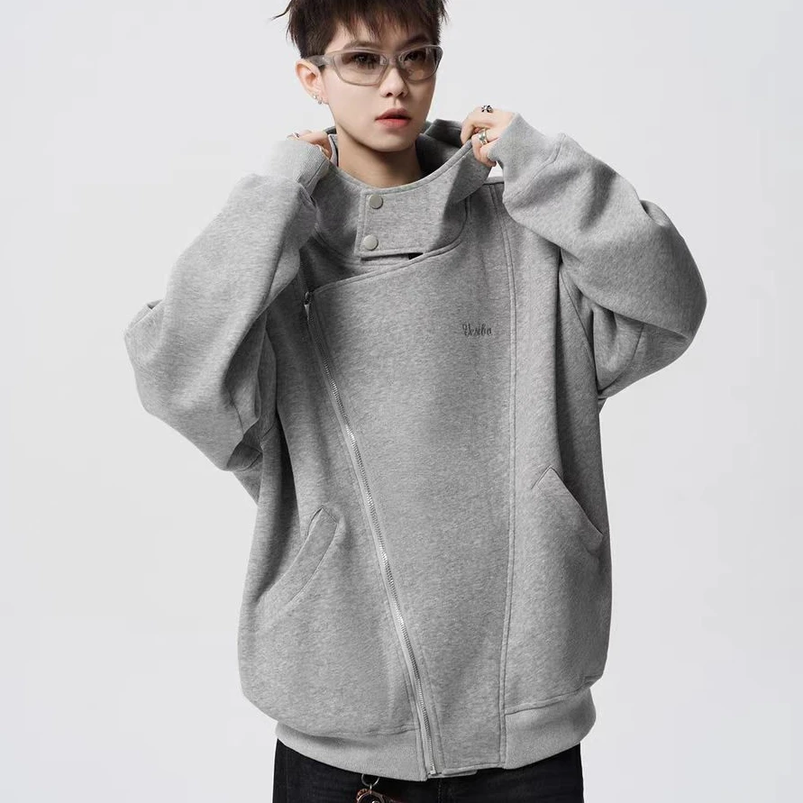 灰色不规则双拉链连帽卫衣男款美式2025新款开春上衣穿搭休闲外套