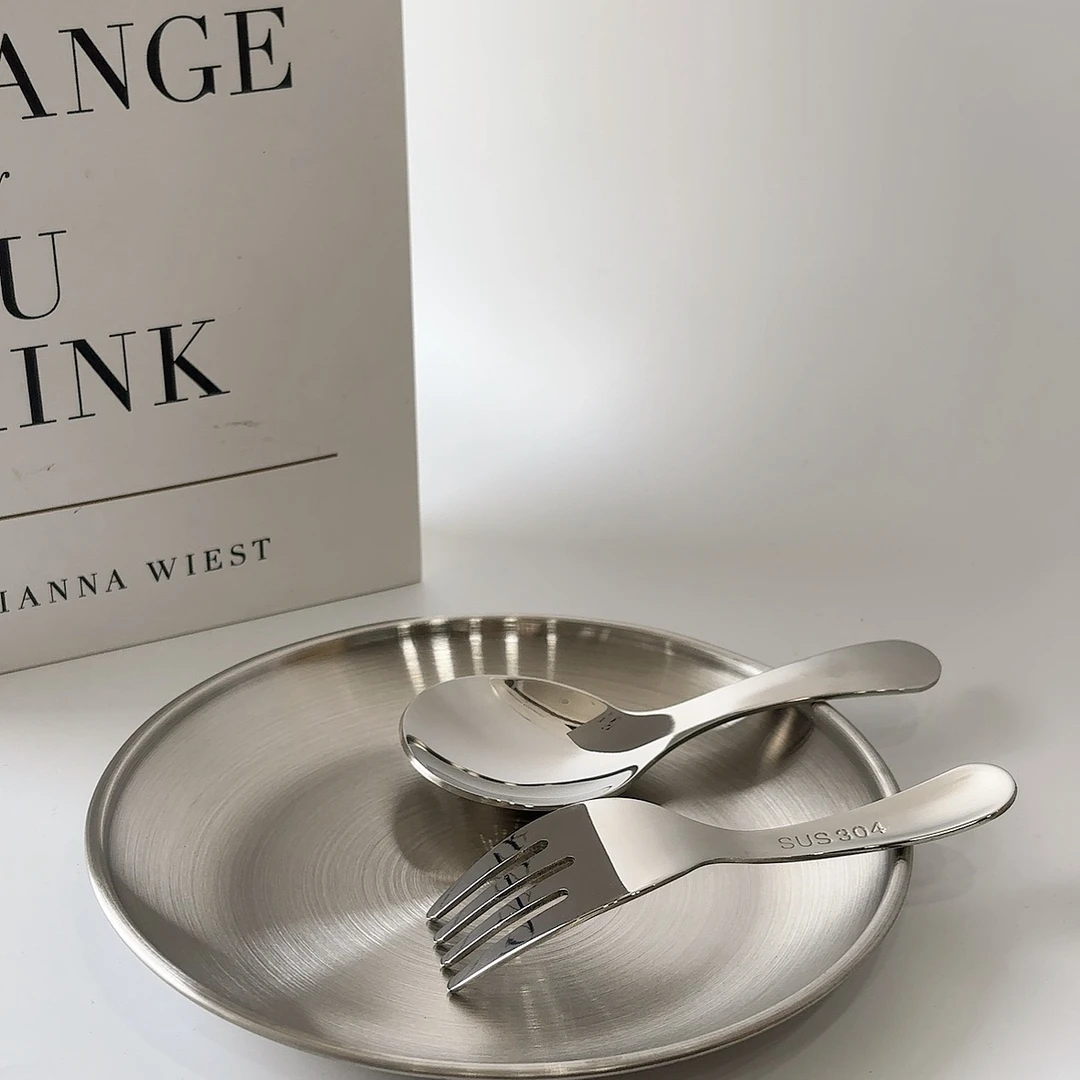 超可爱304儿童叉勺+14cm不锈钢盘子儿童辅食叉勺加厚吃饭汤勺