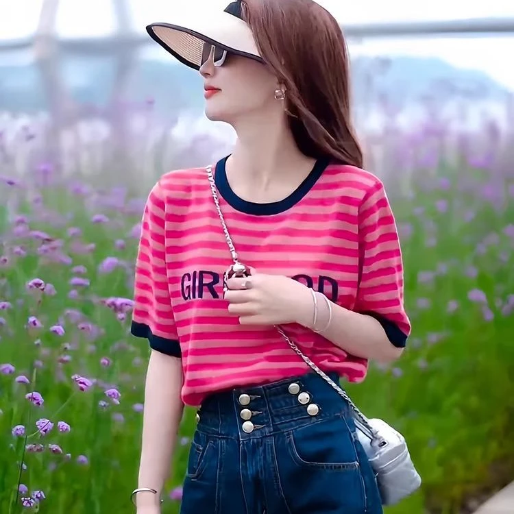 韩系时尚字母撞色条纹短袖T恤女夏季新款显瘦洋气百搭冰丝针织衫