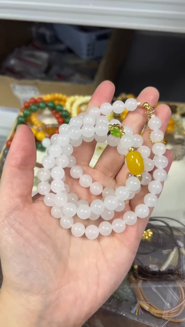 颈饰未镶嵌石英质玉新疆金丝玉圆珠设计款项链[654]