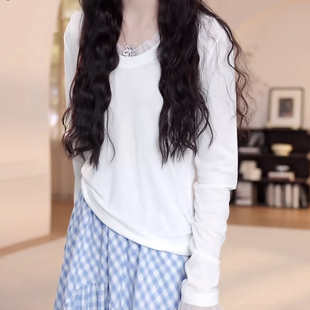 设计感V领蕾丝花边长袖T恤女春夏2025新款时尚百搭圆领套头上衣