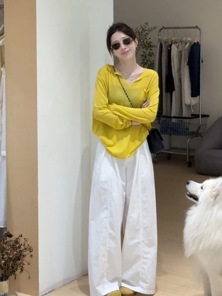 减龄宽松慵懒风高级感黄色长袖防晒罩衫白色宽松阔腿裤套装女夏季
