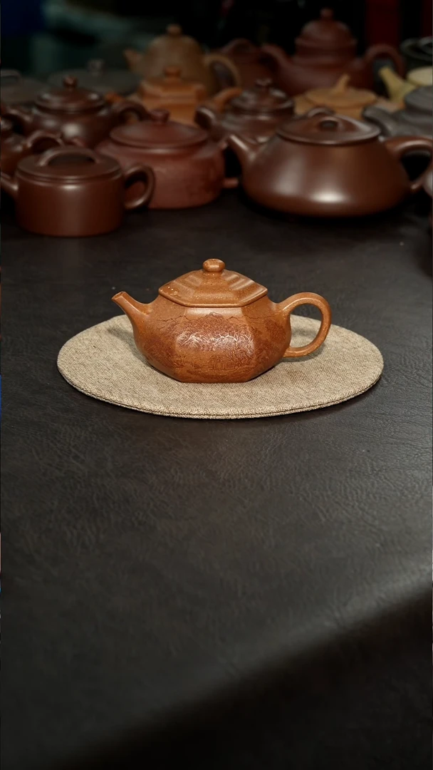 茶壶紫砂六方笠帽，汪陶全手工，桂花砂150cc