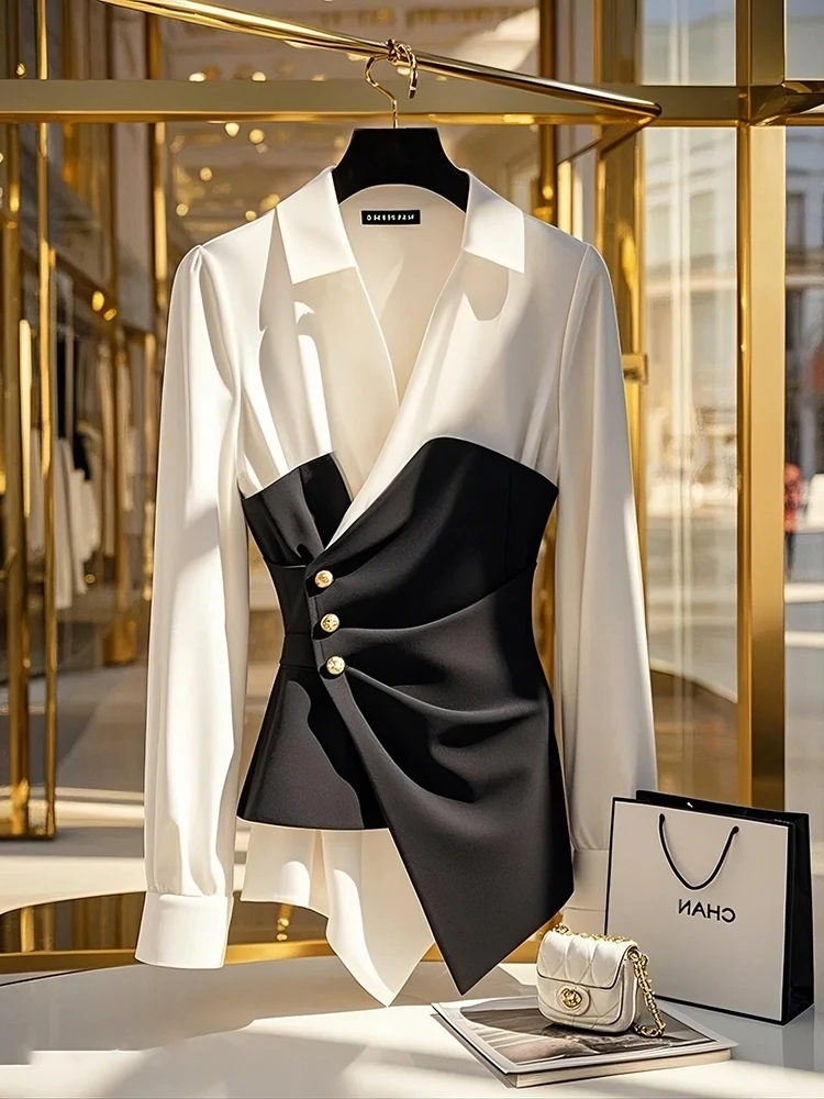 黑白撞色衬衫2025新款高级感轻奢减龄洋气法式设计感假两件上衣春