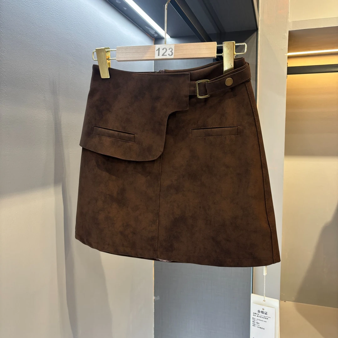 【123】咖色短裙美式复古风半身裙冬季女款休闲气质百搭