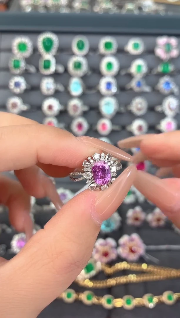 戒指彩色蓝宝石18K金镶嵌-1.63克拉*无烧帕帕拉恰