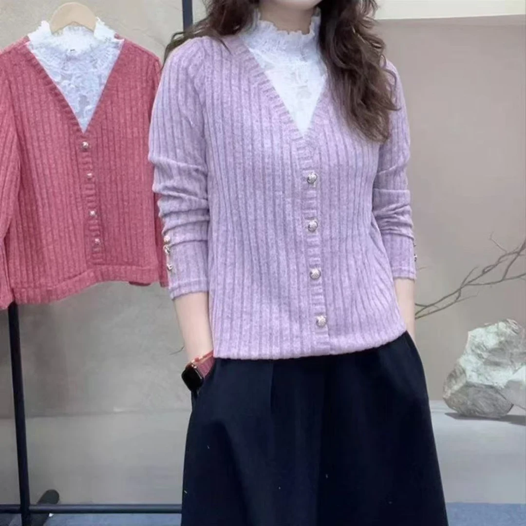 春秋新款欧货爆款【蕾丝拼接】高领时尚休闲洋气百搭长袖女