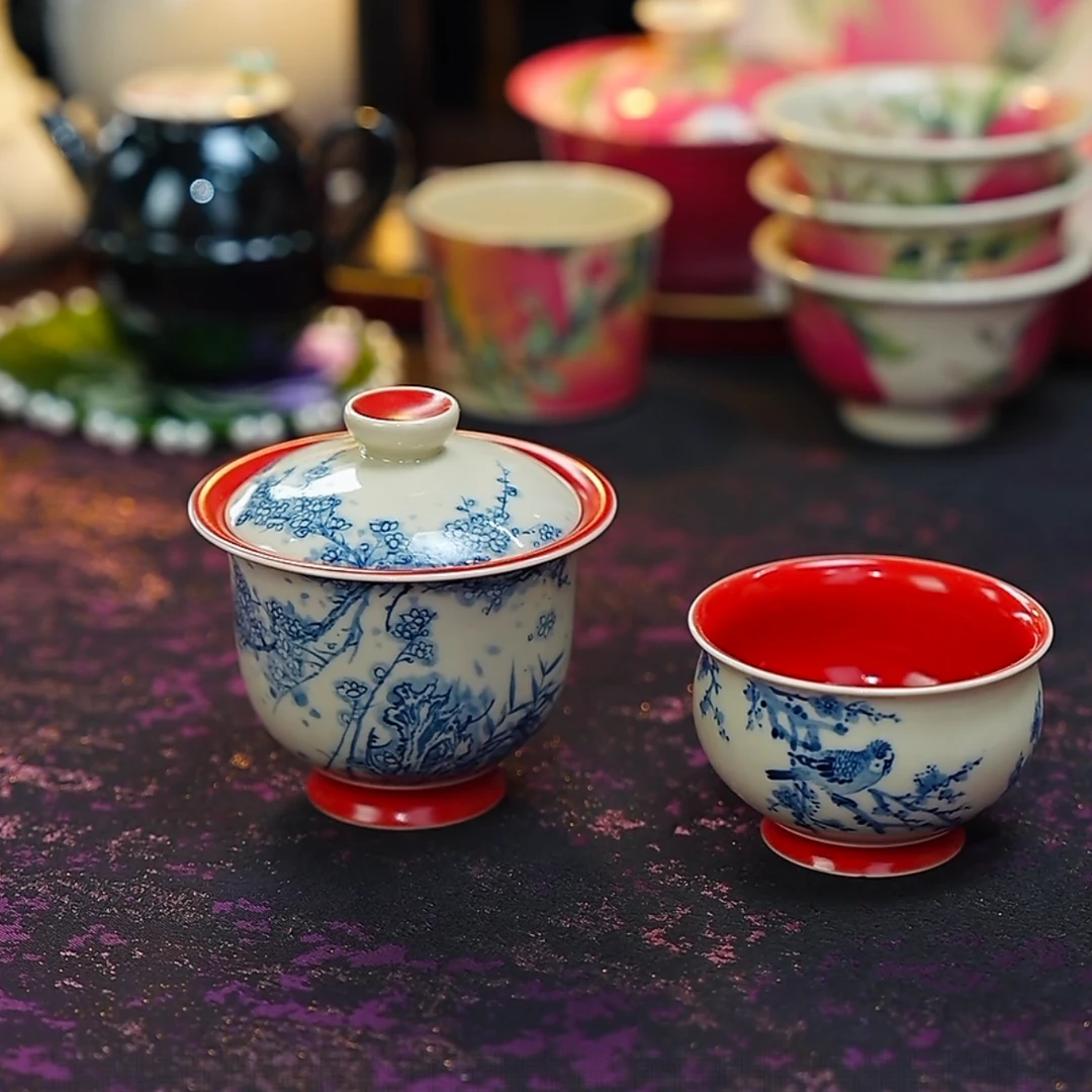 《梦乔茶器》雨香斋景德镇手工手绘梅花盖碗杯子高端窑口茶器