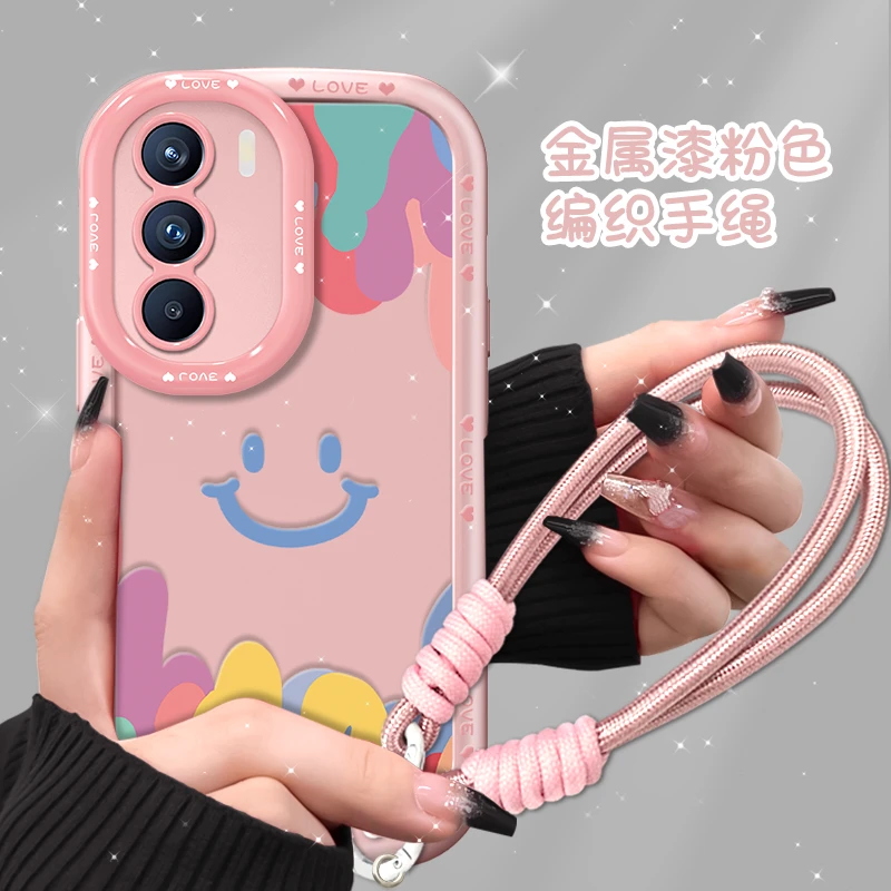 适用opporeno12手机壳笑脸金漆泡芙壳粉色硅胶软壳全包防摔保护套