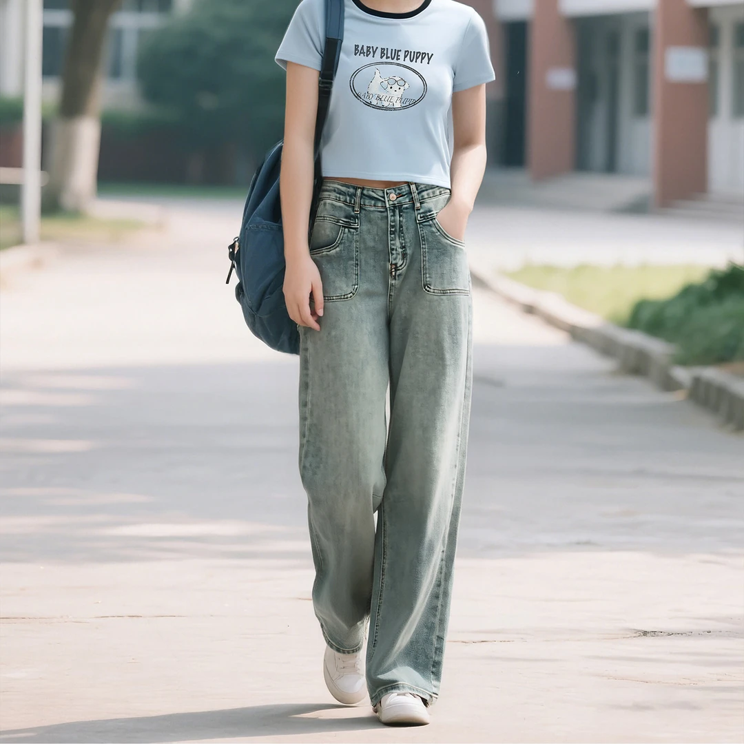 本色一生 2025春女士B29-5717-7时尚水洗复古蓝大直脚牛仔长裤