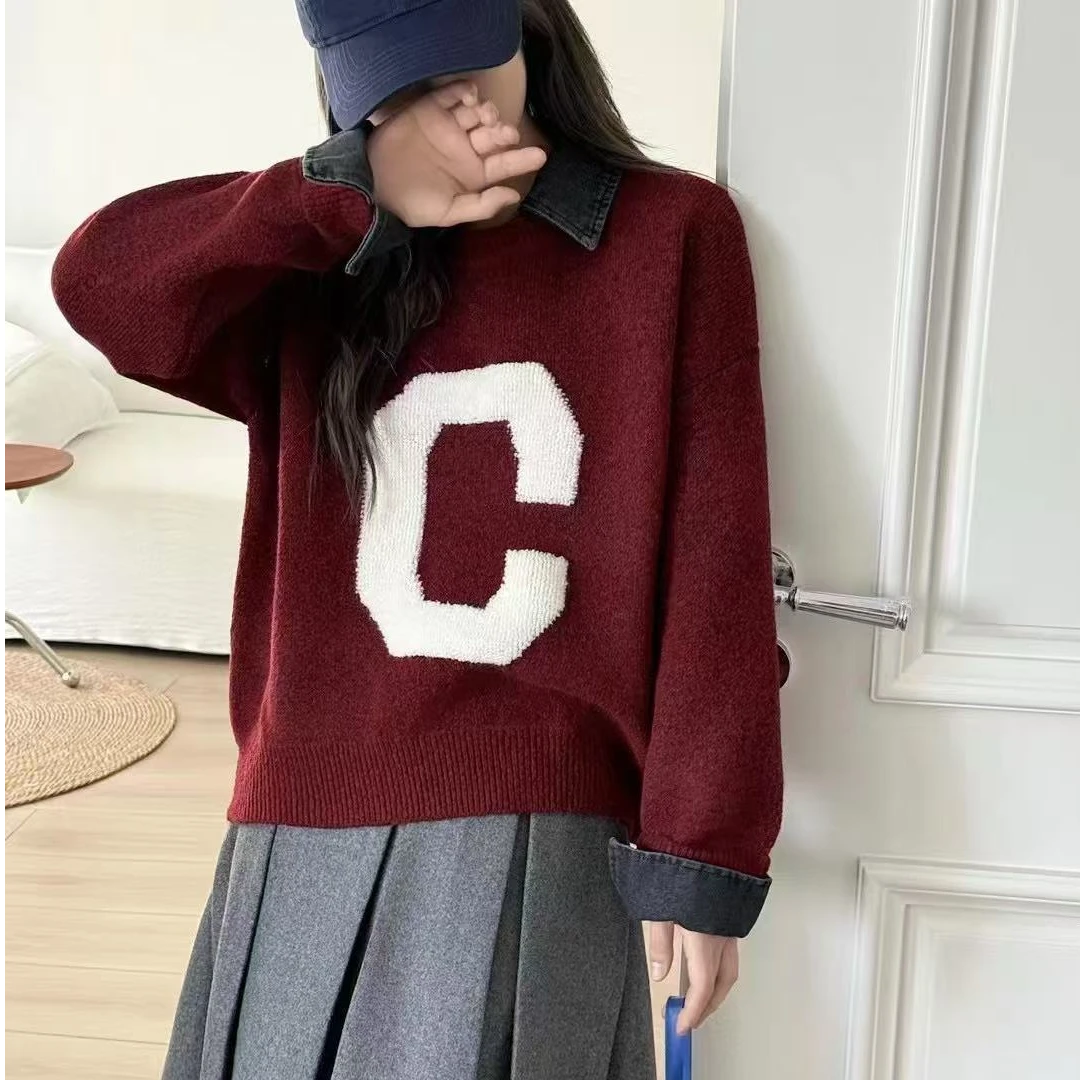 小鑫肝@现货浮力牛仔翻领拼接英文刺绣休闲百搭毛衣 8012