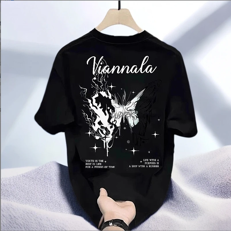 仓石一树潮牌男t恤短袖夏季时尚蝴蝶印花半袖上衣美式高街五分袖