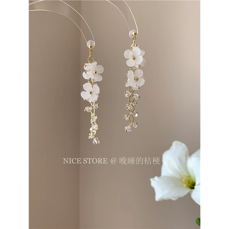 合金耳饰 晚睡的桔梗「仙子」清冷感小众薄荷花朵水滴耳环超仙森