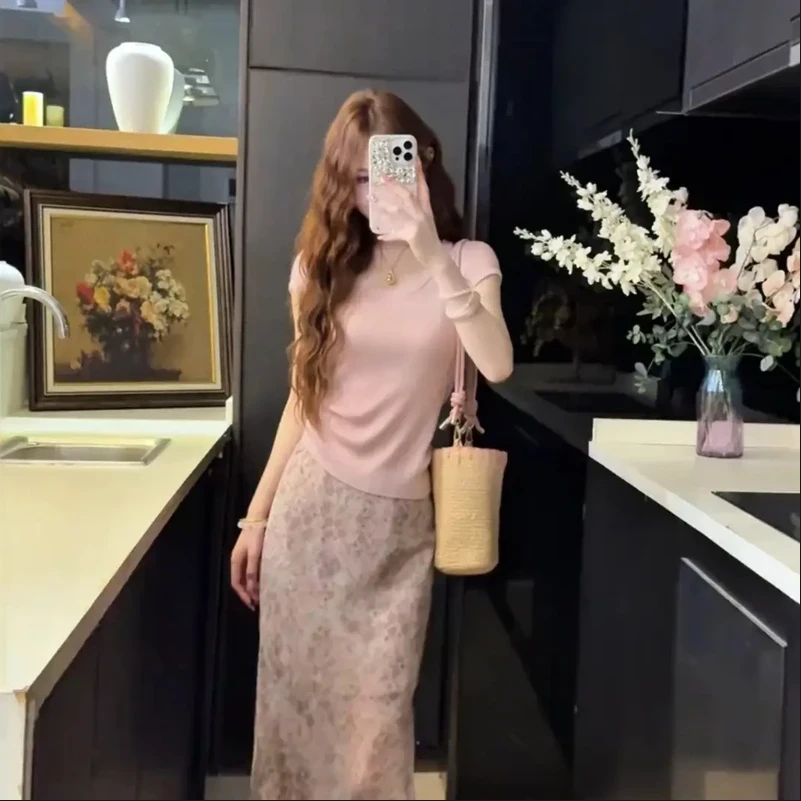 夏季新款温柔风百搭U领针织短袖上衣显瘦松紧腰碎花半身裙两件套