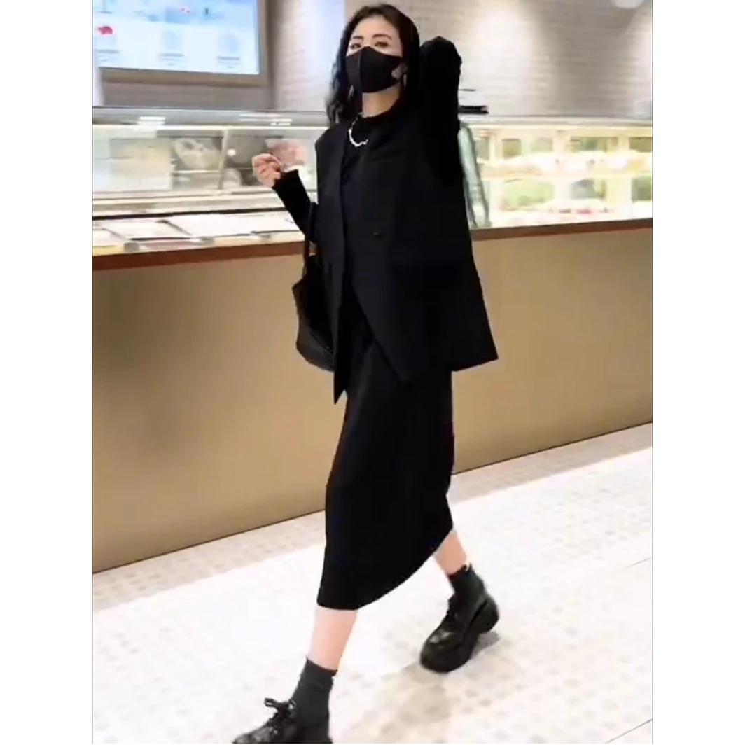 春秋大码休闲套装女韩版宽松直筒中长款长袖连衣裙西装马甲两件套