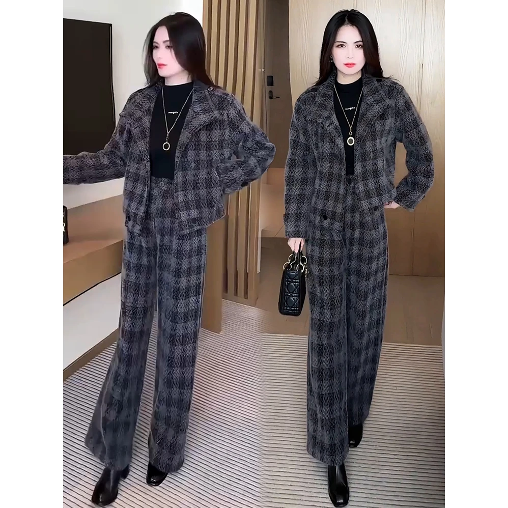 时尚套装女2025秋冬新款时髦洋气显瘦格子短外套阔腿裤气质两件套