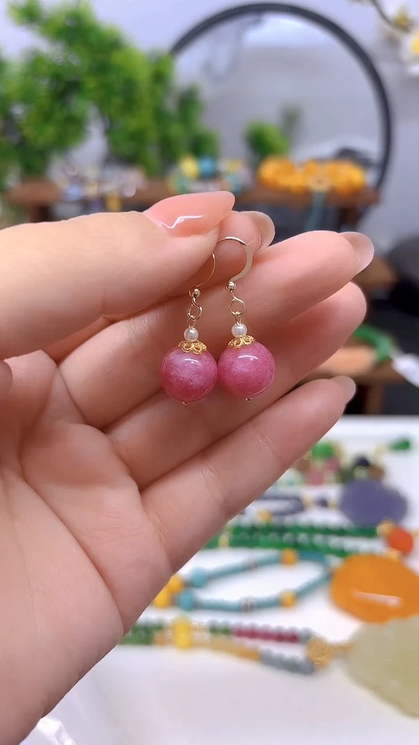 14K金镶嵌菱锰矿（红纹石）耳坠E794