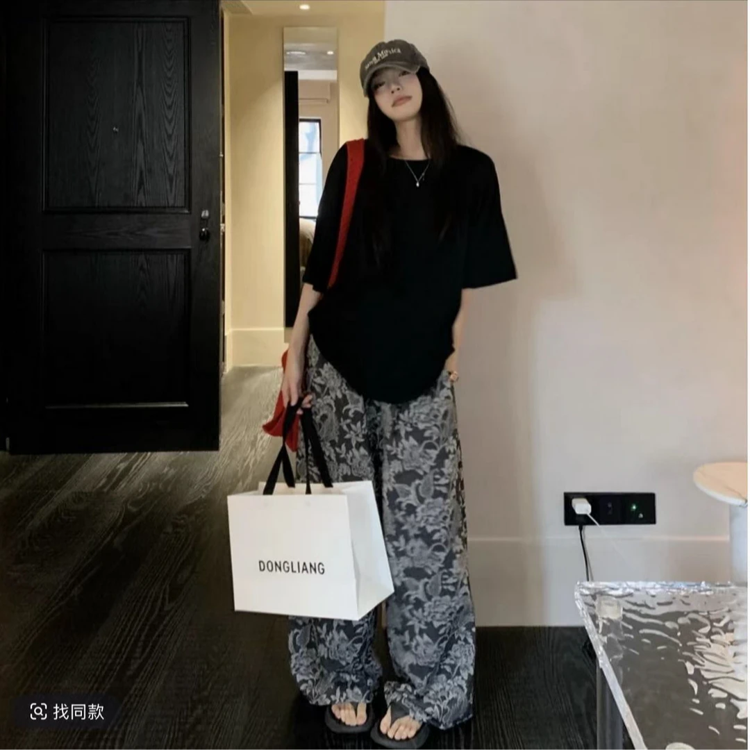 高个子175提花阔腿裤女2025夏季新款慵懒感高腰垂感宽松直筒裤