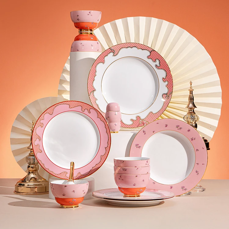 龙珠阁国瓷国色粉黛22头餐具套装景德镇陶瓷新中式碗盘套装