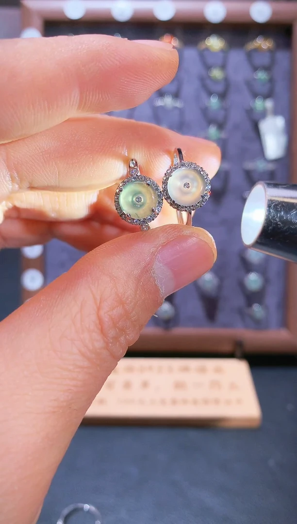 银S925镶嵌戒指翡翠小***吖S925银镶翡翠平安扣女饰品